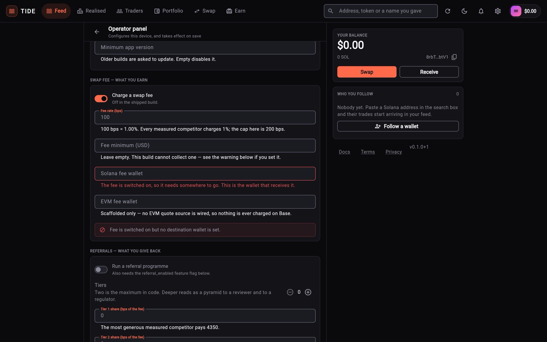 Operator panel with the swap fee section, web build at 1440 px
